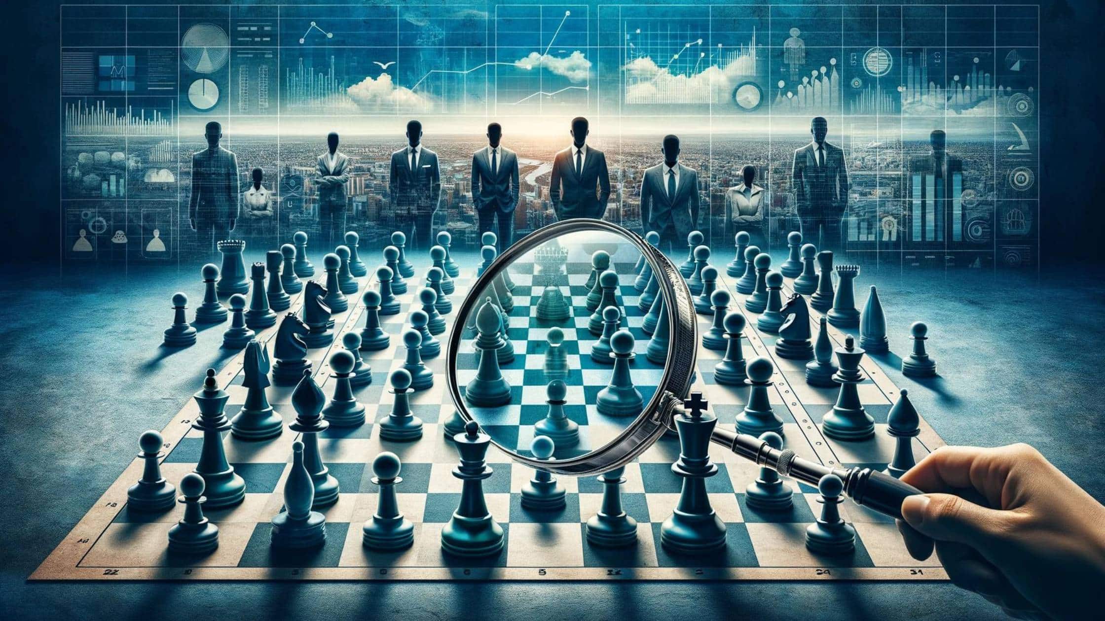 the concept of selecting a Fractional CEO is now available, showcasing a broad lineup of diverse chess pieces on a chessboard under the scrutiny of a magnifying glass, against a corporate backdrop.