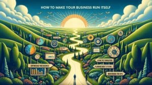A visual path towards a self-sustaining business, featuring key steps like delegation, systems implementation, and strategic planning, set in a vibrant landscape leading to a new dawn.