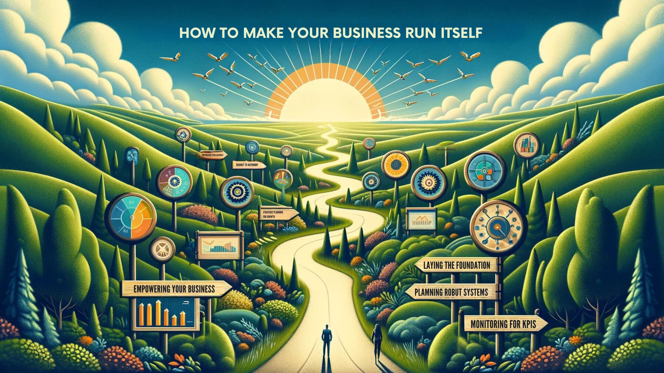 A visual path towards a self-sustaining business, featuring key steps like delegation, systems implementation, and strategic planning, set in a vibrant landscape leading to a new dawn.