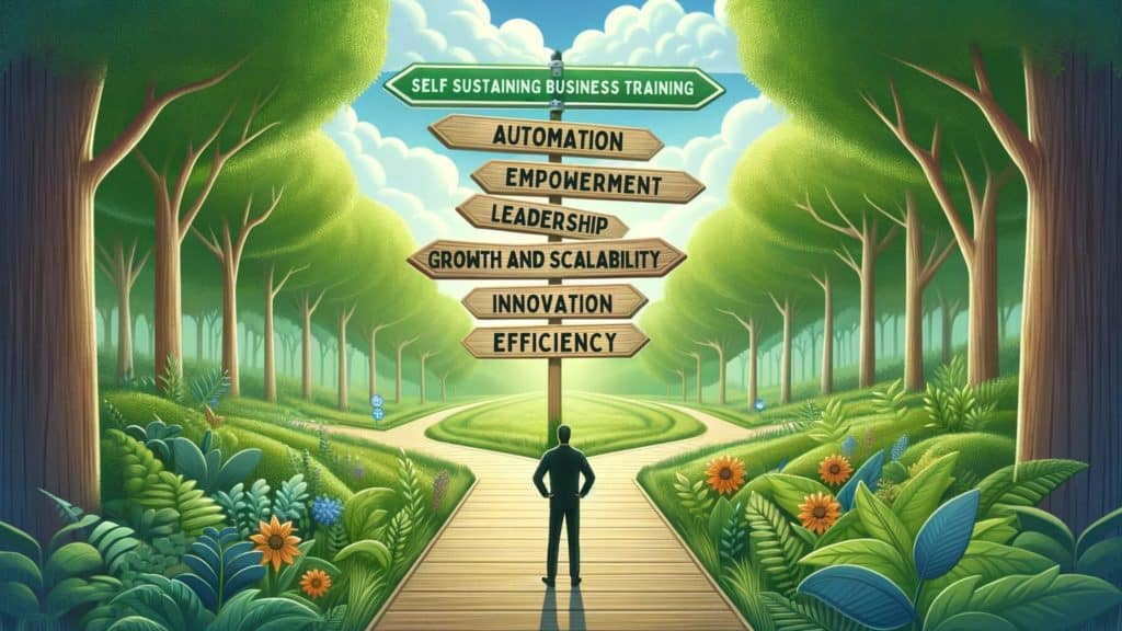 An entrepreneur at a vibrant crossroads, evaluating paths labeled 'Automation,' 'Leadership,' 'Innovation,' and 'Efficiency,' symbolizing the critical decision phase in pursuing self-sustaining business training.